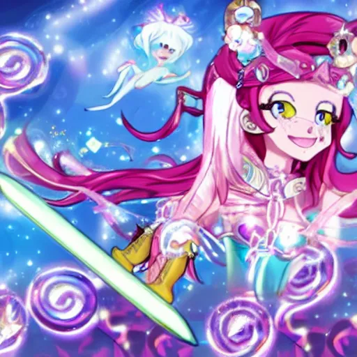 Image similar to atlantean anime magical girl flying with crystal energy rollerskates