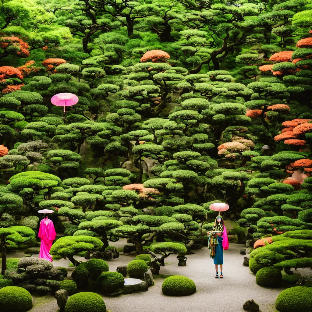 Prompt: A photo of a magical lush Japanese temple garden with a large mystical temple in the center, hazy, dreamy feeling, glowing colorful lanterns, 1 girl wearing a Gucci dress and umbrella exploring, mystical feeling, designed by Gucci, Wes Anderson, and Petra Collins, 8k