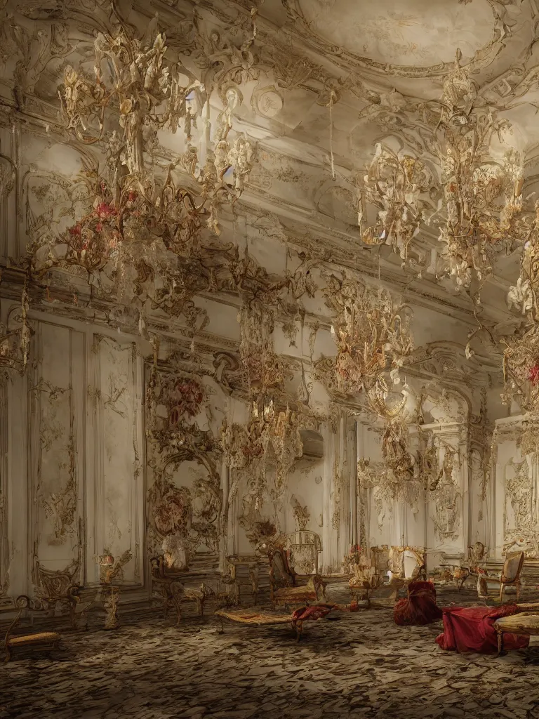 Prompt: an abandoned rococo salon, with colorful flowers and plants, drapery, Dramatic, 8K, Lonely, Natural Lighting, god rays, super detailed, intricate, Octane render