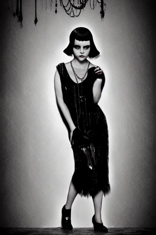 Image similar to a vintage photograph of christina ricci, black, gatsby dress, art deco, depressive vibe, strong subsurface scattering, scary lighting, stunning scene, highly detailed, concept art, trending on artstation