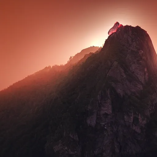 Prompt: massive spider climbing over a mountain dusk, volumetric lighting, foggy