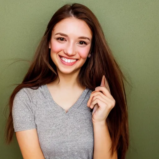 Image similar to Photograph of April, a cute young woman, long shiny bronze brown hair, full round face, green eyes, medium skin tone, light cute freckles, light blush, smiling softly, wearing casual clothing, interior lighting, cozy living room background, medium shot, mid-shot, hyperdetailed, hyperreal,