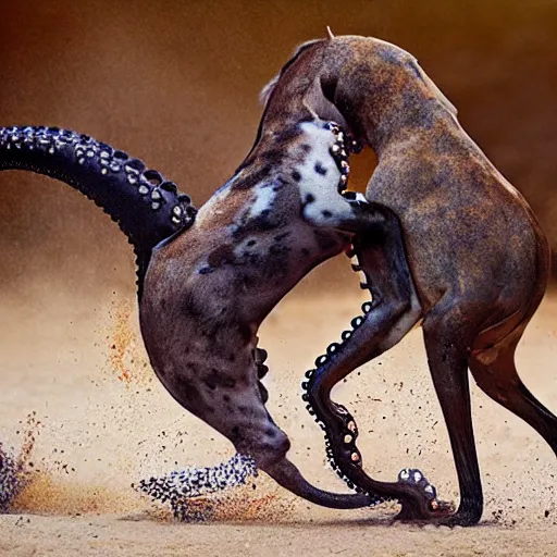 Image similar to National Geographic photo of horse full of octopus being eaten by African hunting dogs