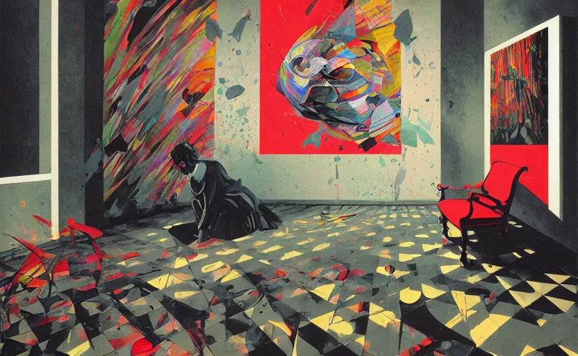 Image similar to decollage painting old man struggle in a room of old palace by adrian ghenie and takato yamamoto and edward hopper and mark ryden and tsutomu nihei, part by bridget riley, acrylic pour and splashing paint, very coherent, baroque elements, perfect anatomy, intricate design. pop art.