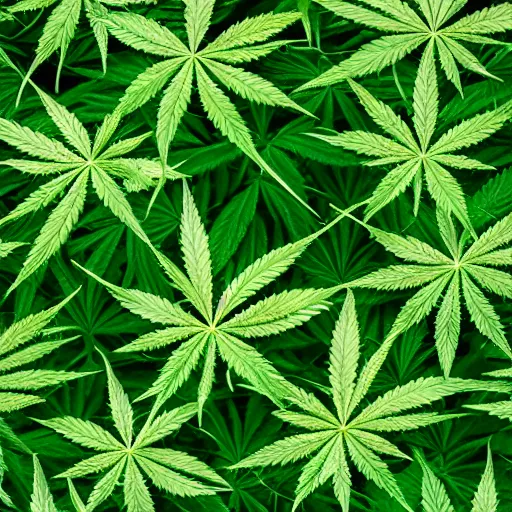 Prompt: Green cannabis leaves isolated on white background. Growing medical marijuana