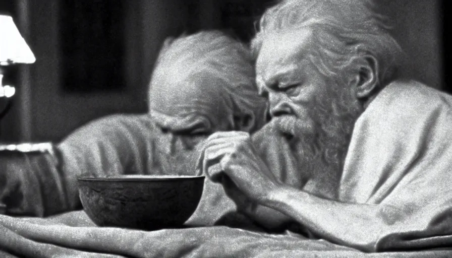 Image similar to 1 9 6 0 s movie still by tarkovsky of an elder socrates drinking a hemlock bowl on a bed, cinestill 8 0 0 t 3 5 mm b & w, high quality, heavy grain, high detail, panoramic, ultra wide lens, cinematic composition, dramatic light, anamorphic, raphael style, piranesi style