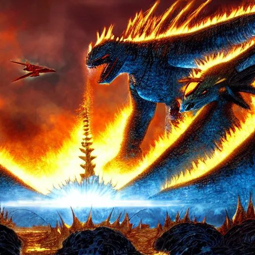 Prompt: godzilla, king ghidorah, mothra, and jet jaguar fighting a fire on monster island, ultra realistic digital art, 4 k