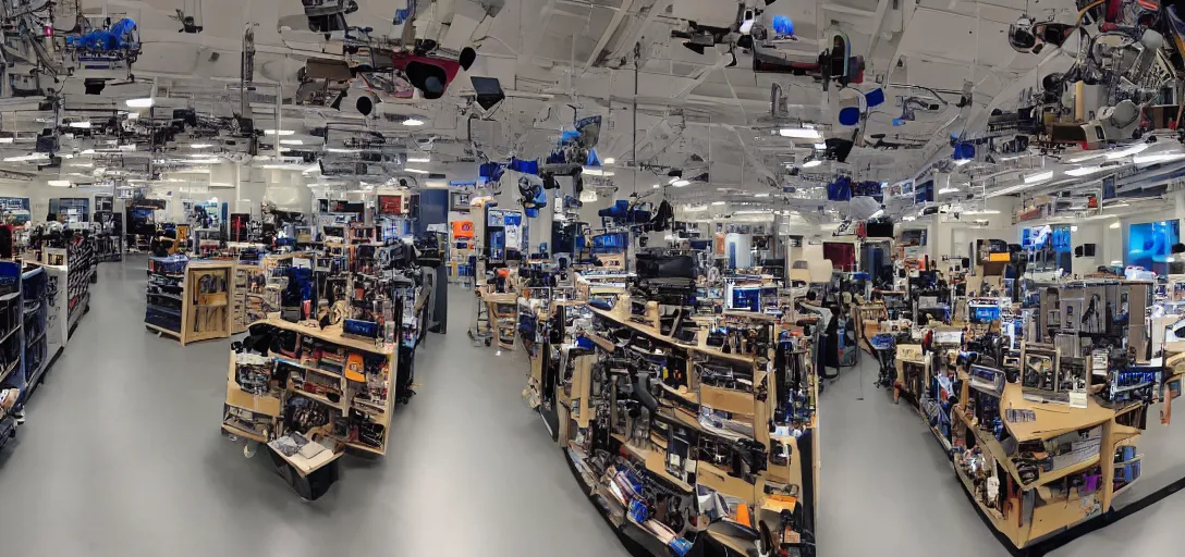 Prompt: a gorgeous view into a robotics store