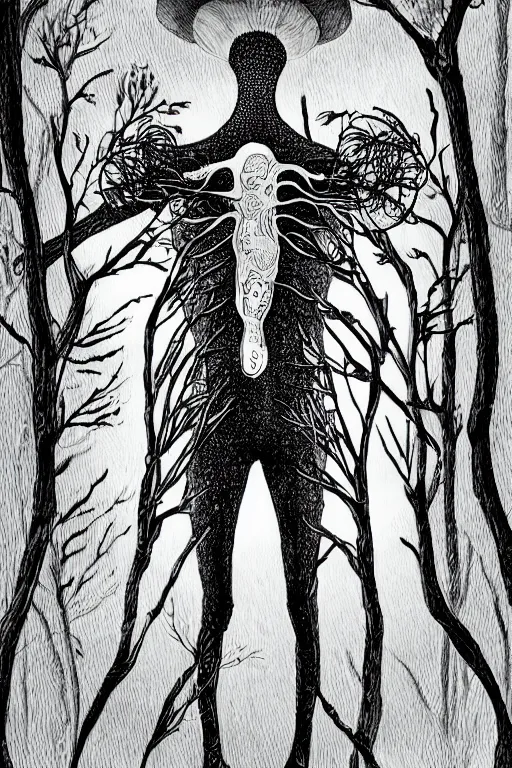 Image similar to black and white illustration, creative design, body horror, forest mushroom man