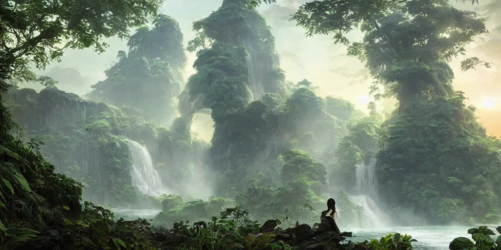 Image similar to jungle, ancient ruins, waterfall, sunset, fantasy, magical lighting, Greg Rutkowski and Studio Ghibli and Ivan Shishkin