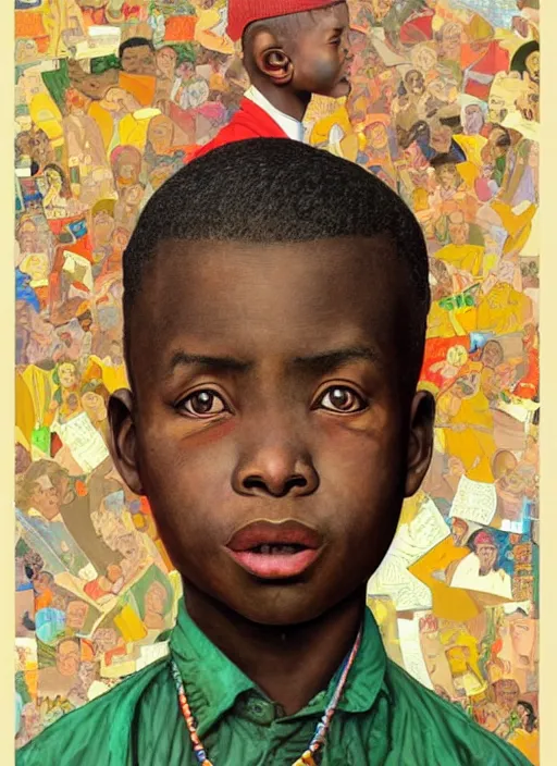 Prompt: colourful upper half portrait of an african boy with proportions in the style of jack davis - presented in magazine collage style, art by hsiao - ron cheng & alphonse mucha, magazine collage, highly detailed, caricature, caricature, caricature digital painting, concept art, ray tracing, illustration, smooth, sharp focus, intricate, symmetry, pinterest, behance, artstation