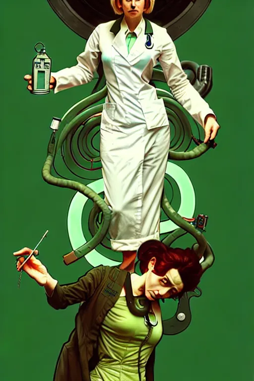 Image similar to doctor who, woman, as a mad dentist, on a plain green background, art by artgerm and greg rutkowski and alphonse mucha