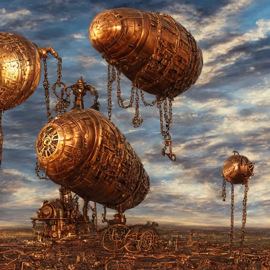 Image similar to steampunk blimp high in the sky, clouds, copper cogwheels, cogwheels, copper pipes, steam, dense, valves, pipes, vents, copper chains, golden hour, golden sun, fantasy world, award winning photography, 8 k, highly detailed