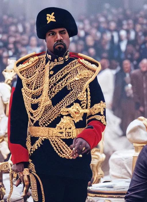 Prompt: kanye west as muammar kadhafi and emperor napoleon, splash art, movie still, detailed face, cinematic lighting, dramatic, octane render, long lens, shallow depth of field, bokeh, anamorphic lens flare, 8 k, hyper detailed, 3 5 mm film grain