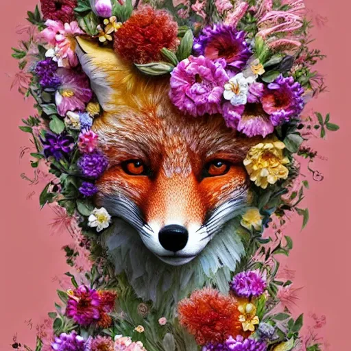 Image similar to made of flowers, made of flowers, made of flowers, portrait of a fox made of flowers, fantasy art, trending on artstation, beautiful art, intricate, elegant, highly detailed, digital painting