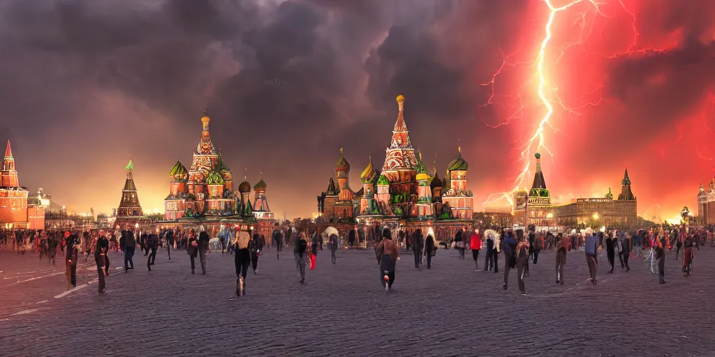 Prompt: a fiery thunderstorm with a tornado over red Square in Moscow, lot of people running and crying, photorealistic, 4k, unreal engine 5, trending on artstation, artstationHD