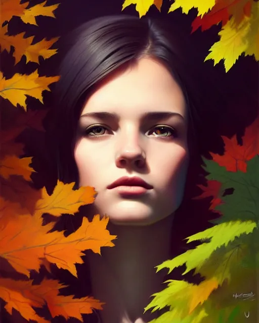 Image similar to stylized portrait of an artistic pose, composition, young lady sorrounded by fall nature, dense forest, moody cinematic colors one single head, realistic shaded, fine details, realistic shaded lighting poster by ilya kuvshinov, magali villeneuve, artgerm, jeremy lipkin and michael garmash and rob rey