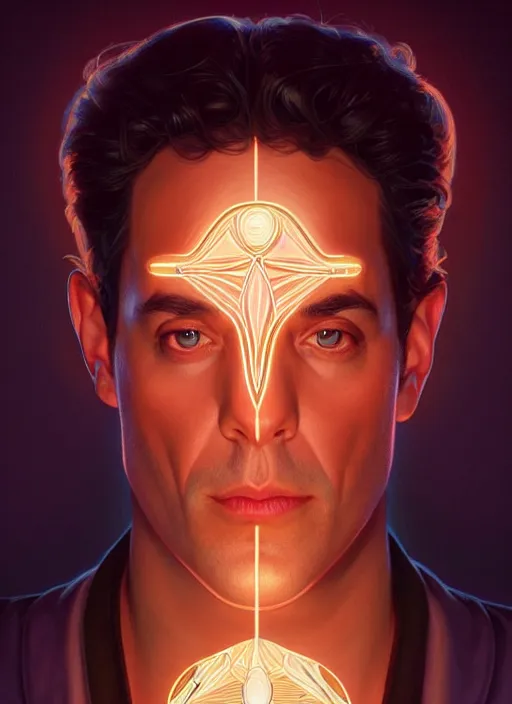 Image similar to symmetry!! portrait of seinfeld, glowing lights!! intricate, elegant, highly detailed, digital painting, artstation, concept art, smooth, sharp focus, illustration, art by artgerm and greg rutkowski and alphonse mucha