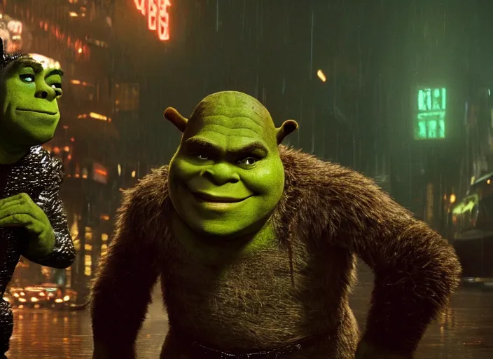 Prompt: film still shrek in blade runner, 8 k