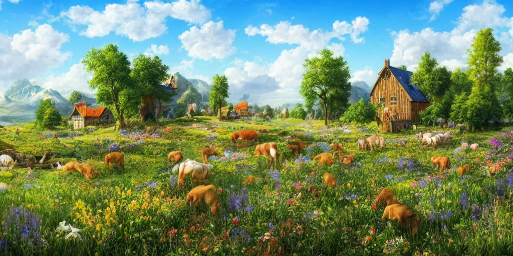 Image similar to Miltonian idyllic azure meadow sunny weather heaven of animals, detailed, intricate, masterpiece, 8k resolution