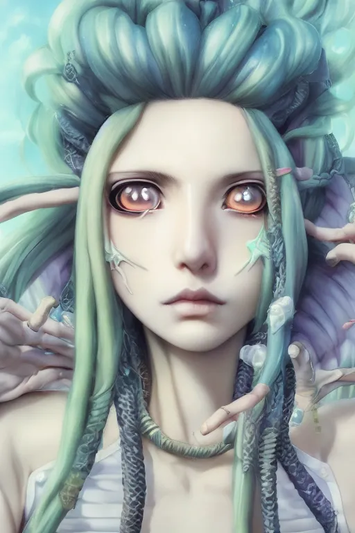 Image similar to portrait of an anime manga girl with white snake dreads, straight on portrait, by artgerm, james jean, tom bagshaw, gerald brom, vaporwave colors, lofi colors, vaporwave, lofi, goth vibe, 4 k, smooth, hd, substance designer render, full body character concept art, symmetrical,