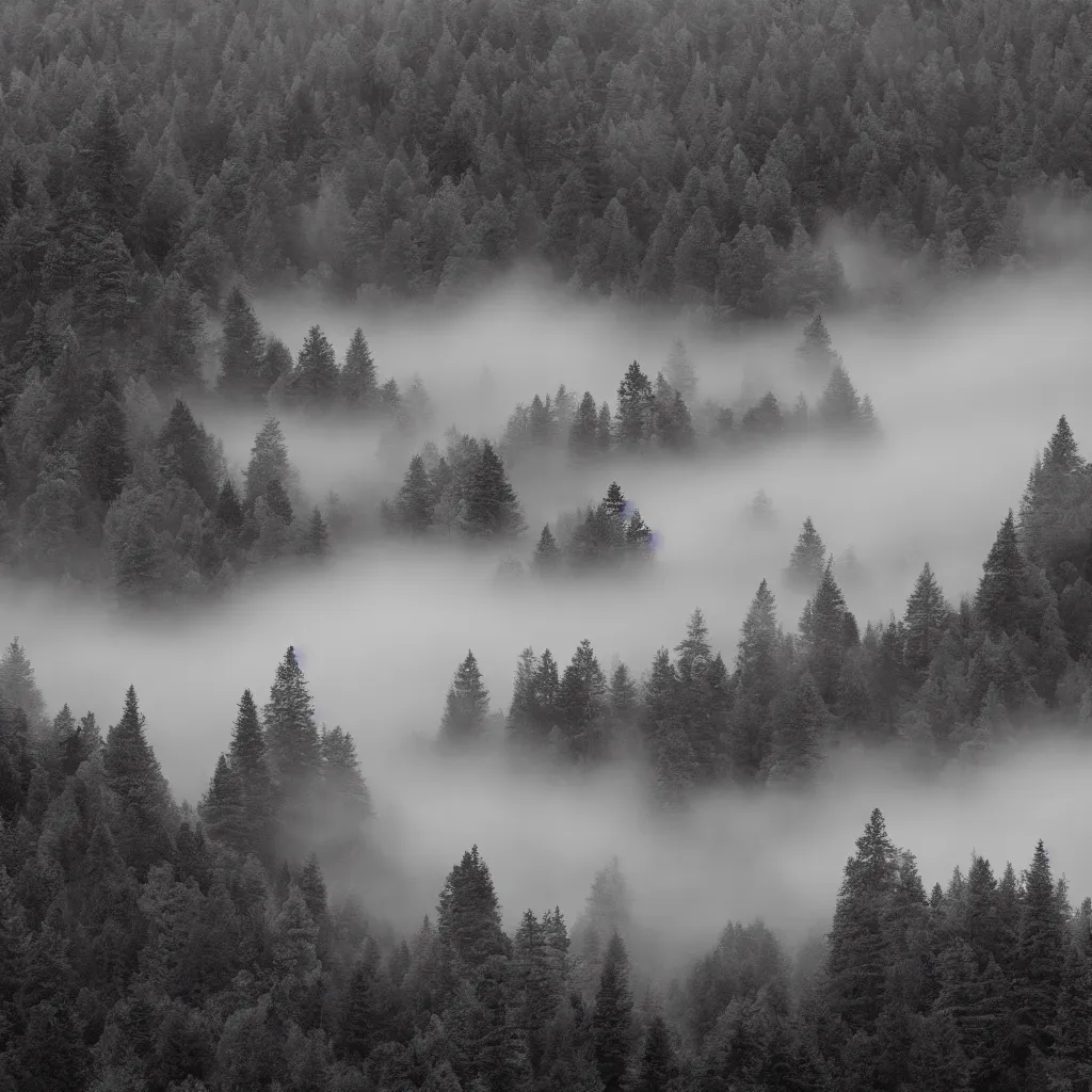 Image similar to monochrome photo of ambient and misty mountains with a lot of trees, 4 k