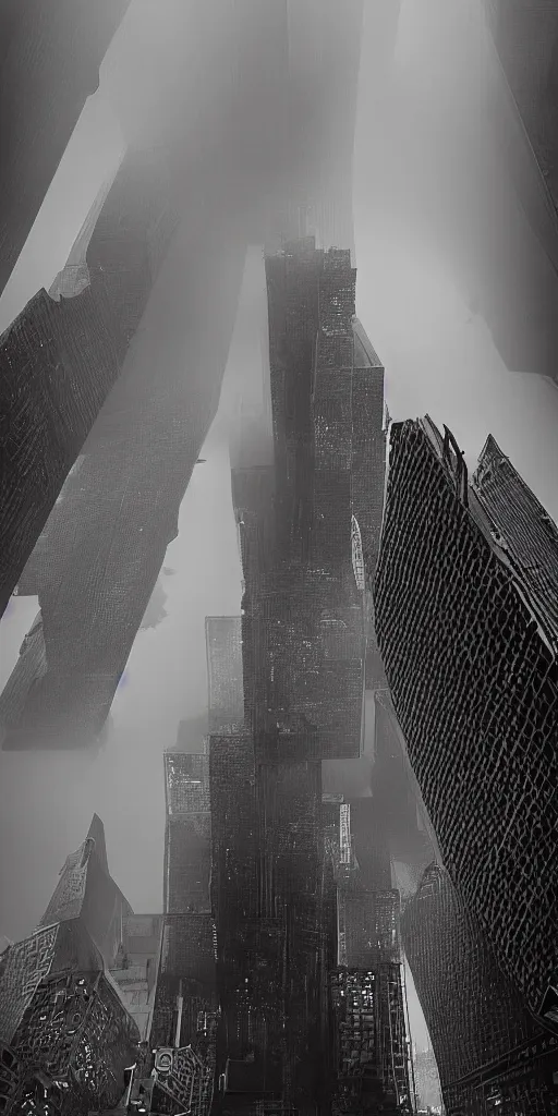 Prompt: in the black storm, dystopic skyscrapers in the mist, on a darkling plain, drawn by nicholas delort!! graphic black and white, low camera, wide angle, centered composition, golden ratio
