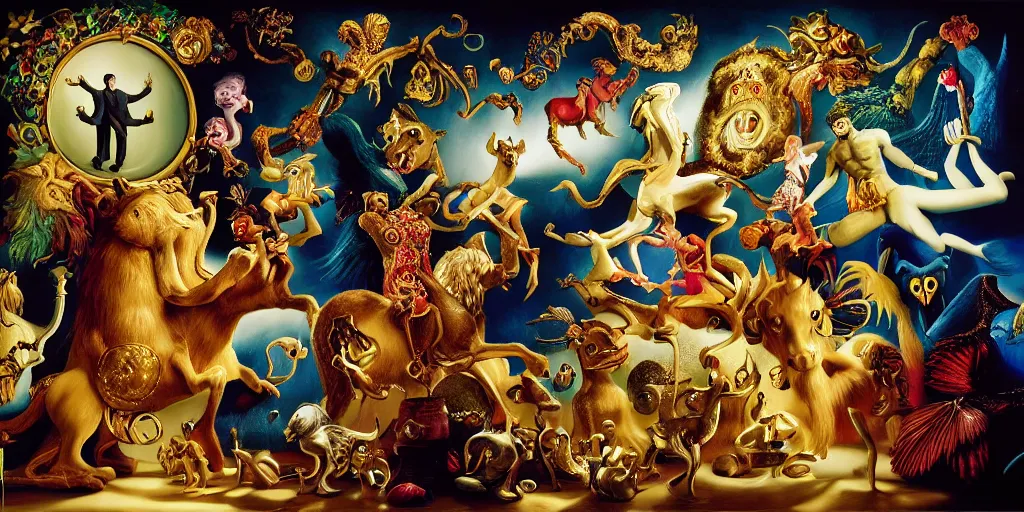 Image similar to the three imaginary fates pleasure dream adventure imaginary mythical animals love abstract oil painting by gottfried helnwein pablo amaringo raqib shaw zeiss lens sharp focus high contrast chiaroscuro gold complex intricate bejeweled