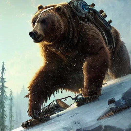 Prompt: a steampunk cyborg grizzly bear ravaging my neighborhood, painting by Greg Rutkowski