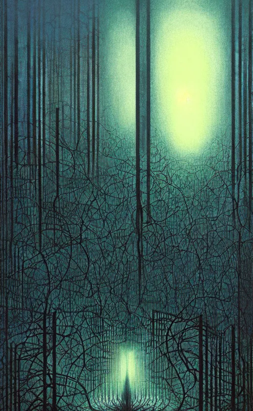 Image similar to a concrete forest, brutalist, inside page of comic book, psychedelic lights and fog, in the style of zdzislaw beksinski, ayami kojima, takato yamamoto, barclay shaw, karol bak, glowing light and shadow, hyperrealist