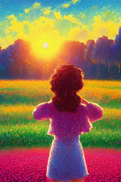 Image similar to flower growing out of girl head, standing in a flower field, big trees, sunrise dramatic light, impressionist painting, colorful clouds, digital painting, pointillism, artstation, simon stalenhag