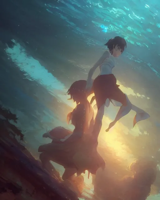 Image similar to Under Water, Full shot, Atmospheric lighting, By Makoto Shinkai, Stanley Artgerm Lau, WLOP , Rossdraws, James Jean, Andrei Riabovitchev, Marc Simonetti, krenz cushart, Sakimichan, D&D trending on ArtStation, digital art.