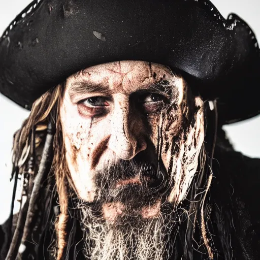 Prompt: portrait photo of a dirty rugged old pirate lord wearing dirty old black hat, black coat and a worn ans stained skull bone mask, long black beard and long black hair, dark scene with dim light, dslr photo, depth of field