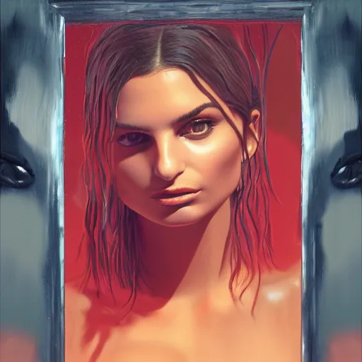 Image similar to Emily Ratajkowski with beautiful face and full body laying in a blood red pool of water between a bright golden glowing mirror frame, outside is space and inside the mirror frame is a beautiful landscape. Hyperrealistic surreal 4K IMAX Rene Margritte intricate, elegant, highly detailed, digital painting, artstation, concept art, smooth, sharp focus, illustration, art by artgerm and greg rutkowski and alphonse mucha