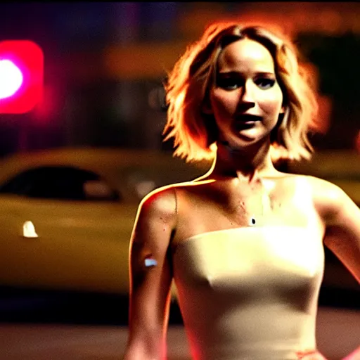 Image similar to cinematic jennifer lawrence standing in the street at night, color photography, sharp detail, confused, still from the movie speed racer