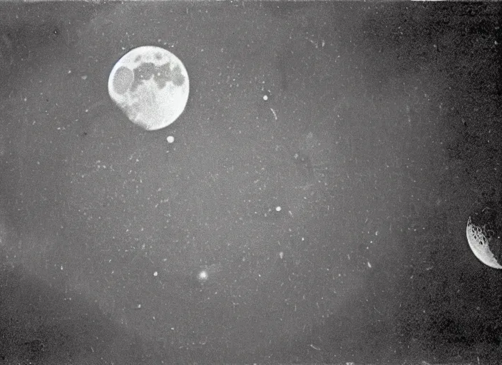 Image similar to vintage photo still of the moon!!!! exploding!!!! exploding moon moon explosion fragments on one side moon explosion over new york city in the 1 9 2 0 s, black and white, weathered, edge vignette