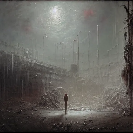 Image similar to lost and alone in an industrial wasteland by gustave dore and gustave moreau and beksinski and giger and craig mullins and jeremy mann