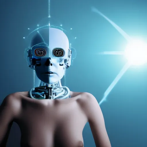 Image similar to A wide bottom camera shot view of a svelte female human with minimalistic bionic implants with artificial general intelligence integrated in her skull in the center of a white minimalistic room with fog in the bottom and light coming from a blue window on the ceiling that lights her skull with blue in the vast white room