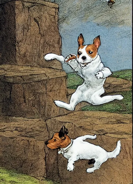 Image similar to jack russel terrier jumping from the ground over a short wall, illustrated by peggy fortnum and beatrix potter and sir john tenniel