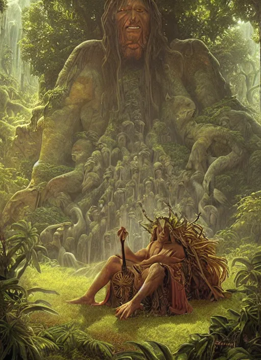 Image similar to a shaman sitting in the jungle, with giant faces of ancestors behind him, hyper detailed, art by christophe vacher