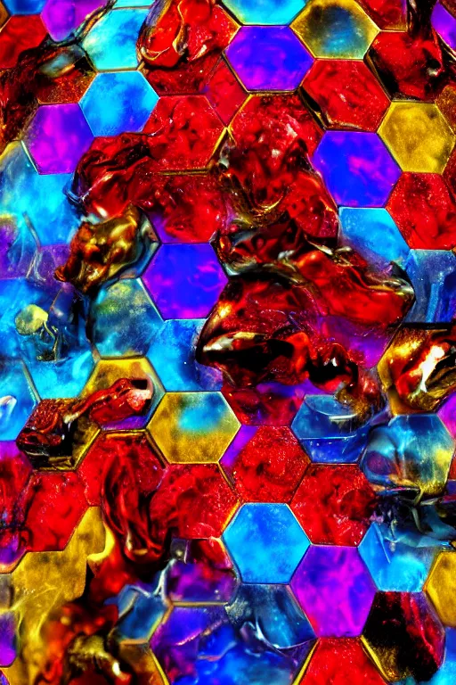 Prompt: An elemental firestone covered in liquid art. aflame. Ruby Stone. Liquid Gold. Lava. Crystal structure. Hexagon Shapes. Glowing Hot. Snail Shell. Melting. Intricate. Hyper Real. 4K. Octane Render. Empty Background. Black Background.