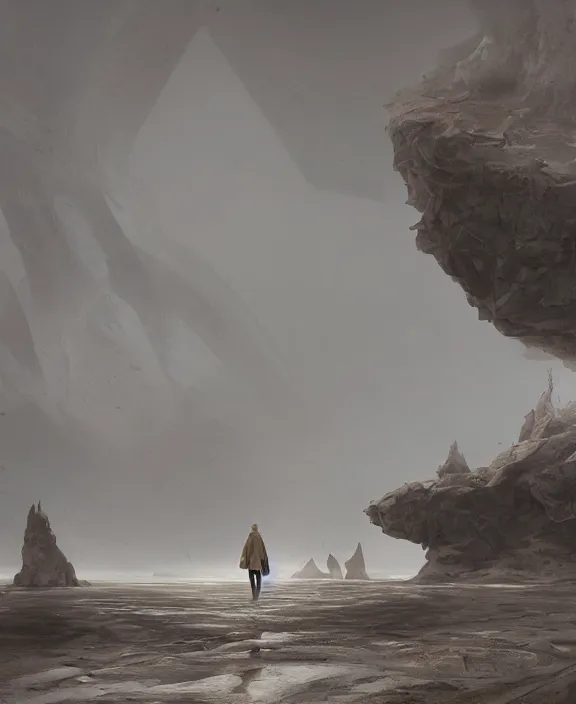 Image similar to surreal epic, masterpiece, romantic prometheus white exploration base, ancient ochre palette, impossible architecture by ruan jia, mecha floor, futuristic, blame, white architecture in the beach in iceland, foggy, highly detailed, digital painting, arstation, concept art, hyperealistic octane render, unreal engine