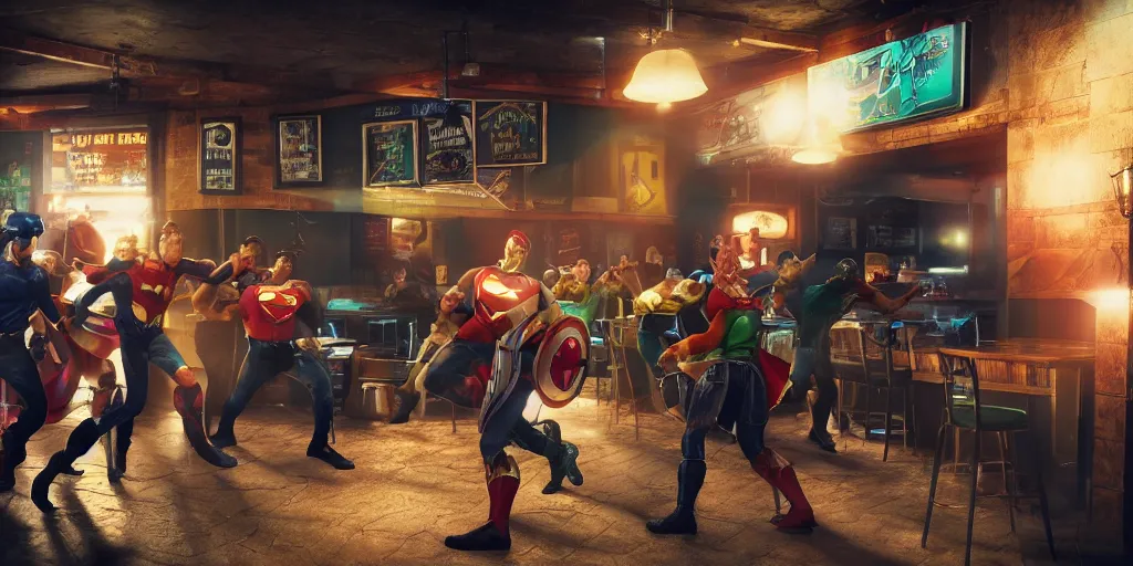 Prompt: a bar fight inside a pub between costumed super heroes, photorealistic, crisp details, wide angle lens, octane render, caustics