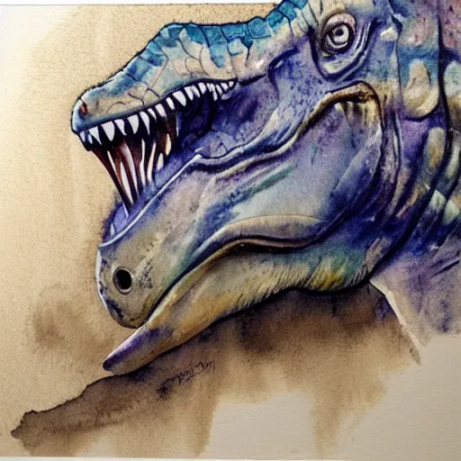 Prompt: photorealistic watercolor of a dinosaur licking a sleeping police officer