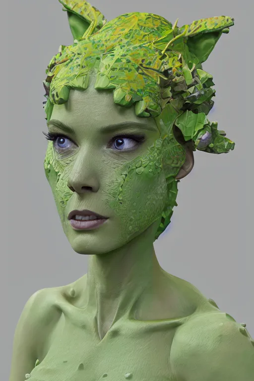 Prompt: epic 3 d sculpture of trans model, porcelain headdress, 2 0 mm, with pastel yellow and pastel green hextech bursting, perlin noise melting into bulbasaur, delicate, beautiful, intricate, houdini sidefx, artstation, by jeremy mann and ilya kuvshinov, jamie hewlett and ayami kojima