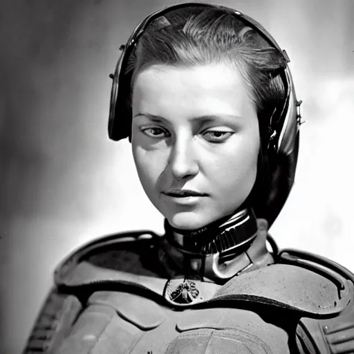 Prompt: portrait photo of a beautiful female cyborg. world war 2.