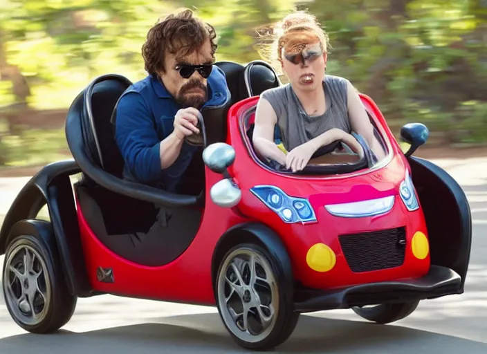 Prompt: peter dinklage and scarlett johannson driving a little tikes cozy coupe, movie still, from the new black widow movie, 8 k, realistic