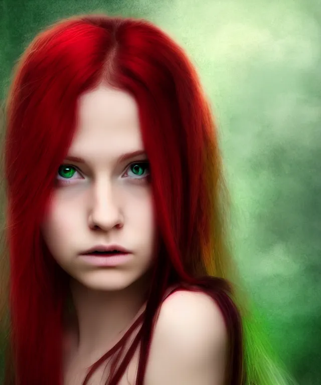 Image similar to Fae teenage girl, portrait, face, long red hair, green highlights, fantasy