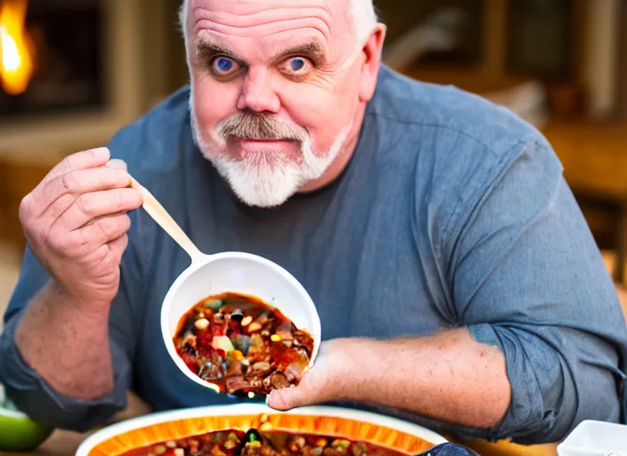 Prompt: photo of john ratzenberger eating chili, 8 k, 8 5 mm f 5. 6