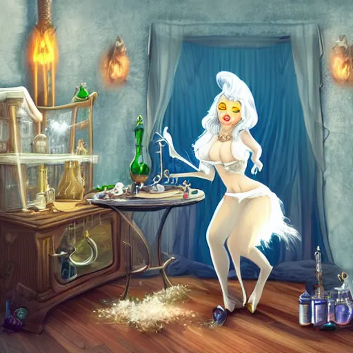 Image similar to a full body beautifull witch with white hair in an old room. A cristal ball on a wood table with a potions and old instruments. A cat on the floor licking his paw. in a fantasy style paiting